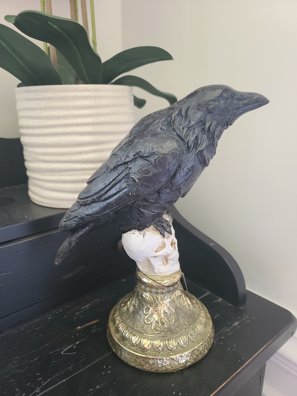 Black Raven Figurine on Ornate Gold Pedestal by